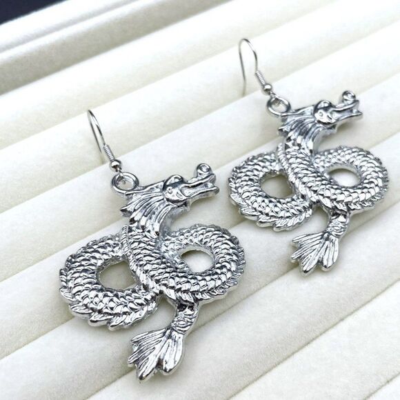 Silver Intricate Asian Inspired Mythical Dragon Dangling Drop Hook Earrings - Picture 6 of 9